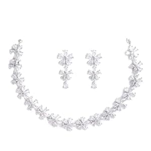 ZENEME Rhodium Plated Silver Toned White American Diamond Studded Flower Shaped Jewellery Set For Girls and Women