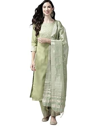 INDO ERA Women's Cotton Blend Yole Design Straight Kurta Palazzo With Dupatta Set