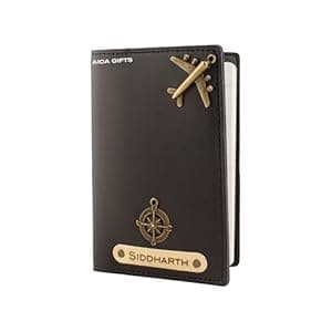 AICA Personalised Name & Charm Leather Passport Cover Holder for Men & Women (Black)