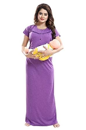 Fabme Women's Cotton Textured Floor Length Nursing Nighty