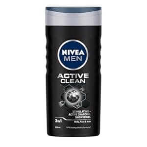 NIVEA Men Body Wash, Active Clean with Active Charcoal, Shower Gel for Body, Face & Hair, 250 ml