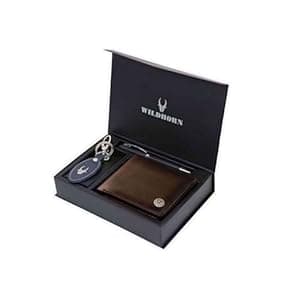 WildHorn Leather Wallet, Keychain & Pen Combo I Gift Hamper for Men (Brown Crunch)