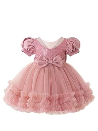 Niren Enterprise Rollar Frock net embroidery work ruffle patterned flared short sleeve baby girl frock, Pack of 1