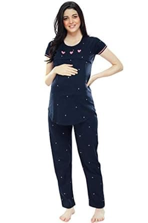 ZEYO Women's Cotton Dot Printed Maternity & Feeding Night Suit Set Of Top & Relaxed Pyjama Nursing Night Dress 5330