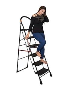 Parasnath Black Heavy Folding Ladder with Wide Steps Milano 6 Steps Ladder 6.3 Ft - Made in India