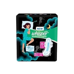 WHISPER BINDAZZZ NIGHTS SANITARY PADS, 44 XL+ PADS, UPTO 0% LEAKS ALL NIGHT LONG, FOR HEAVY FLOW, 40% LONGER & WIDER BACK, COMFORTABLE CUSHIONY SOFT WINGS, DISPOSABLE WRAPPER