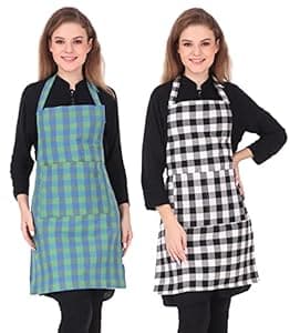 GLUN Waterproof Unisex Kitchen Checkered Design Apron with 2 Front Centre Pocket With Adjustable Neck Strap (Pack Of 2)