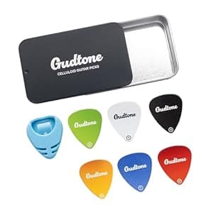 Gudtone Celluloid Guitar Picks Pack of 6 Includes Sliding Tin Box & Holder, Thin, Medium & Heavy Thickness, Random Colors