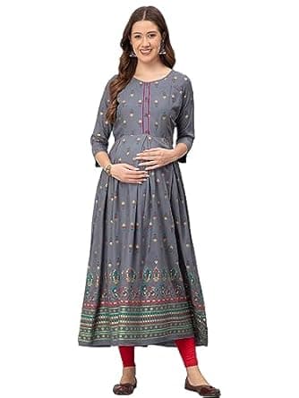 CEE 18 Cotton Rayon A-Line Flared Maternity Feeding Kurti for Women with Zippers | Maxi Gown Dress for Women | Breastfeeding Dress for Mothers | Feeding Kurti for Women | Maternity Wear for Women