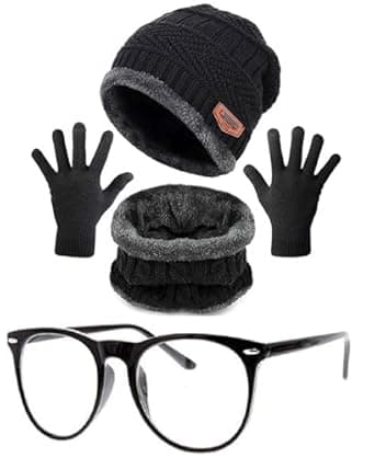 Giffemans Winter Knit Beanie Hat Muffler Scarf Skull Cap UV Protected Black Clear Sunglasses Combo with Hedging Hat Scarf Set |Air Proof Cap, Hand Gloves Set & Random Color Sunglass for Men & Women.