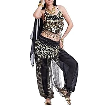 VRITRAZ Women's Chiffon Belly Dance Chiffon Top, Harem Pants And Hip Scarf Ringy Golden Coins Fancy Pants