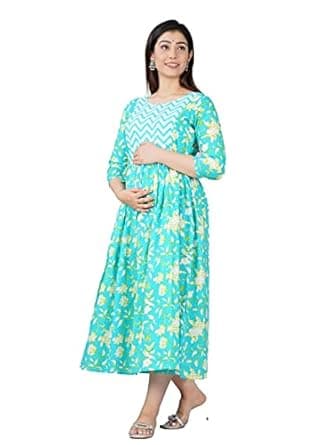 Women's Pure Cotton Maternity Gown/Maternity wear/Feeding Nighty/Ladies Maxi Maternity Dress with Cotton Fabric/Women's Cotton Floral Printed Maternity Feeding Kurti/Kurta Red