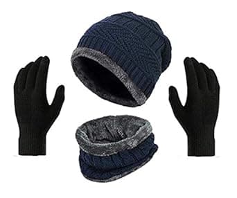 Gajraj Winter Knit Beanie Cap Hat Neck Warmer Scarf and Woolen Gloves Set for Men & Women (3 Piece)