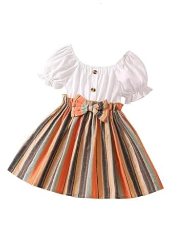 TAGAS Toddler Girls Striped Print Puff Sleeve Bow Front Dress || Stripe Pattern Dress for Kids || A Line Dress || Puff Sleeve Dress for Kids || Casual Dress (KD-202)