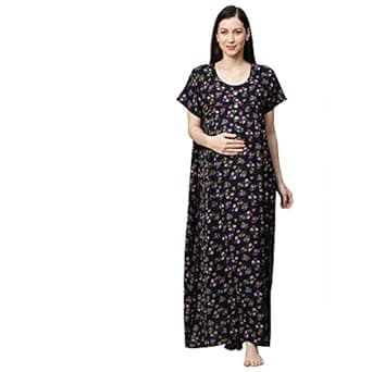 MomToBe Women's Cotton Blend Maxi Maternity Nighty/Feeding Nighty/Pregnancy Night Gown/A-Line Nursing Nighty with Zippers for Nursing Pre and Post Pregnancy - Floral Print