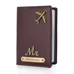 The Unique Gift Studio Personalised Name & Charm Leather Passport Cover Holder for Men & Women Brown - Customised Passport Holder for Gift