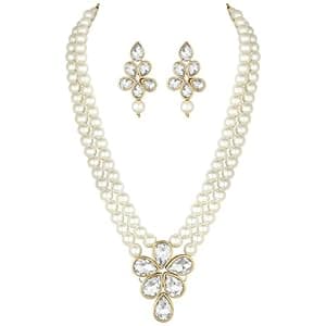 Peora Gold Plated Crystal Pearl Long Necklace with Drop Earrings Traditional Ethnic Jewellery Set for Women Girls