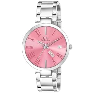 IIK COLLECTION Watches for Women Round Studded Dial |Day and Date Quartz Movemnet |Long Battery Life|Stainless Steel Bracelet Chain Strap|Double Lock Clasp Safety Watches for Girls