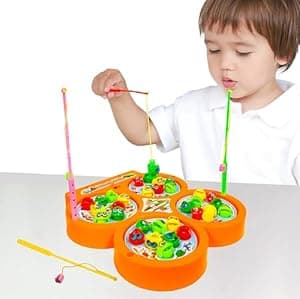 VGRASSP Musical Fish Catching Game Toy Set with 4 Rotating Fish Ponds On Board | includes 32 Fishes and 4 Magnetic Fishing Poles | 1-4 Players Game | Durable Gift for Kids - Multicolor