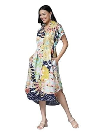 ZELENA Maternity Zipless Feeding Dress for Women | 100% Rayon Pre & Post Pregnancy Nursing Dress for Mothers | Placement Printing Design Dress for Pregnant Ladies with Pockets & Buttons (Multicolor)