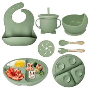 SNUK's 7 in 1 Silicone Baby Feeding Set - Complete Self-Feeding Solution with Suction Plate, Bowl, Bib, Sipper Cup, Spoon, and Fork for Babies 6-12 Months - Premium BPA-Free Material. (Green)