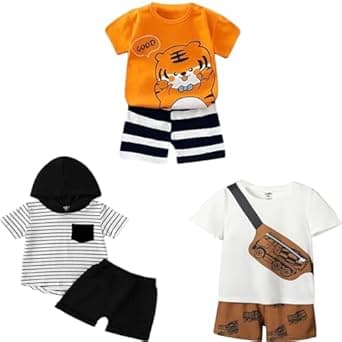 Lofn Cotton Clothing Sets for Baby Boys & Baby Girls Printed Kids Clothing Sets - Unisex Clothing sets Half sleeve T-Shirt & Shorts Pack Of 3 (T84OR-T70WH-T83CP)