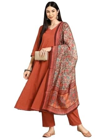 GoSriKi Women's Cotton Blend Anarkali Printed Kurta with Pant & Dupatta