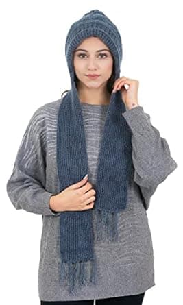 AMOLDO Women Warm and Soft Winter Woolen Muffler Cap, Attached Scarf Cap Combo for Girls and Women (Classic Plain)