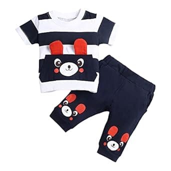 Hopscotch Boys Cotton Stripes Bear Print Half Sleeves T-shirt and Joggers Set In Multi Color