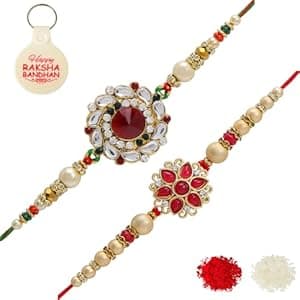 Riddhika Ventures Stylish Kundan and AD Ring Rakhi (Set of 2) (Bracelet) with Roli Chawal,Greeting Card and One Religious Keychain (K11K14K)