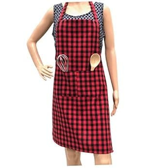 PIXEL HOME Cotton Apron 100% Cotton Check Kitchen Apron with Front Center Pocket Best Design Apron