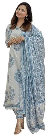 Arayna Women's Cotton Printed Floral Straight Kurta with Palazzo Pants and Dupatta