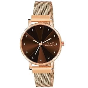 LOUIS DEVIN Rose Gold Plated Mesh Chain Analog Wrist Watch for Women (Blue/Green/Brown/Black Dial) | LD-RG173