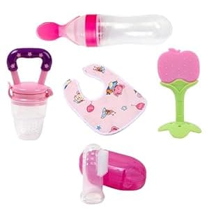 Smiley mia Spoon Bottle with Silicone teether/Pacifier, Fruit Nibbler, Finger Brush & Baby bib/appron for Baby (Pack of 5 Combo) (Pink)