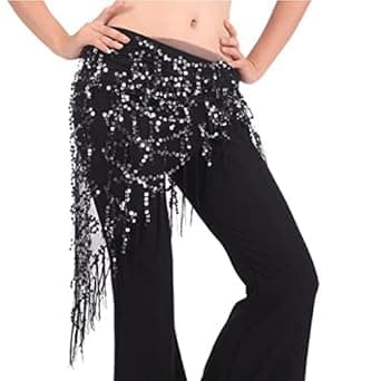 MYADDICTION Lady's Belly Dance Sequins Triangle Hip Scarf with Tassel Black Silver Clothing, Shoes & Accessories | Dancewear | Adult Dancewear | Belly Dancing