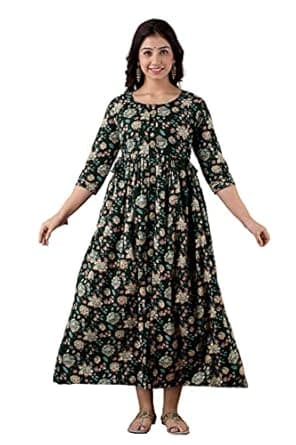 GOPI RAJU Women's Pure Cotton All Over Printed Kurti Gown Feeding Dress Maternity Gown Feeding Nighty