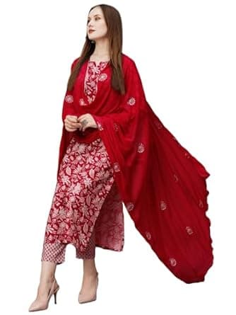 GoSriKi Women's Cotton Blend Floral Straight Kurta with Pant & Dupatta