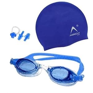 ArrowMax 100% Silicone Anti Fog Swimming Goggles,Cap,Earplug & Noseplug Set- Ideal for All Age Group | Silicone Non Slip | Easy to Carry and Skin Friendly- by Arrowmax (Blue)