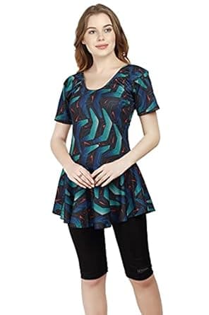 ROVARS Poly Jersy - Printed Swimming Costume for Women Frock Style [Half Sleeves - Half Length - Without Pads]