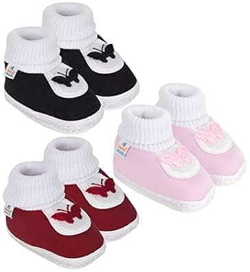 Neska Moda 6 To 12 Months Baby Boys & Girls Pack of 3 Pair Cotton Butterfly Slip On Baby Booties