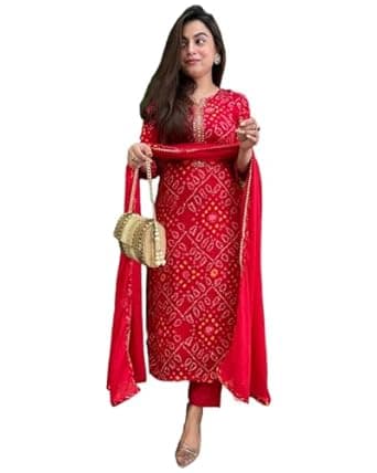 GoSriKi Women's Rayon Blend Bandhani Printed Straight Kurta with Pant & Dupatta