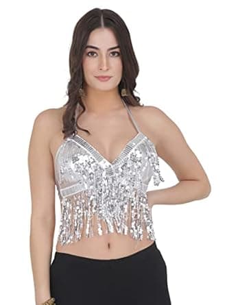 The Dance Bible Women Glitter Sequins Tassel Belly Dance Halter Bra Top