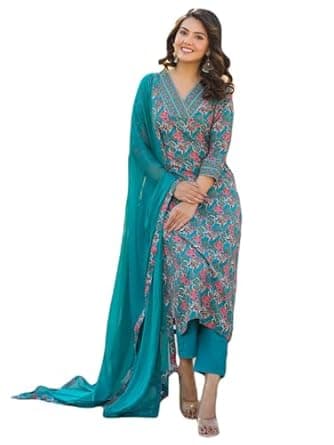 GoSriKi Women's Rayon Blend Printed Straight Kurta with Pant & Dupatta