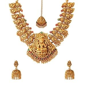 Yellow Chimes Jewellery Set for Women Gold Plated Traditional Temple Jewelry Set Antique Necklace Set with Earrings and Maangtikka for Women and Girls