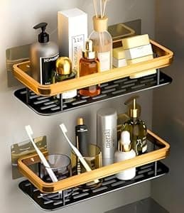 BINSBARRY Self-Adhesive Multipurpose Wall Mounted Bathroom Shelf and Rack for Bathroom and Kitchen,Space Saving Bathroom Organizer Shelf, Punch Free Wall Shelves, Wall Stand (Gold Shelf, Pack of 2)