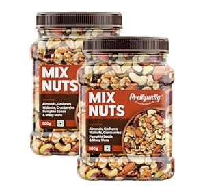 PrettyNutty Healthy Nutmix 1kg, Dried Almonds, Black Raisins, Cashewnuts, Cranberries, Green Raisins, Walnut Kernels & Many More. Pack of 2 (500g Each Jar)