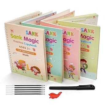 MINtile Sank Magic Practice Copybook, (4 Book + 10 Refill) Number Tracing Book for Preschoolers with Pen, Magic Calligraphy Copybook Set Practical Reusable Writing Tool Simple Hand Lettering