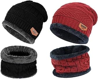 EMPOISON Woolen Beanie/Skull Cap & Neck Warmer (Muffler) Combo For Winters With Faux Fur Inner Side | Warm Hat | Hedging Hat Scarf Set |Air Proof Cap | Woolen Cap | Ear Warmer Cap Pack Of 2 Set