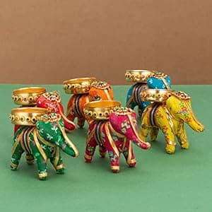 JH Gallery Handcrafted Recycled Material Elephant Tealight Candle Holder Home Decoration Item for Diwali Decor (Multicolor, 8 X 5 X 10 Cm) - Pack of 6