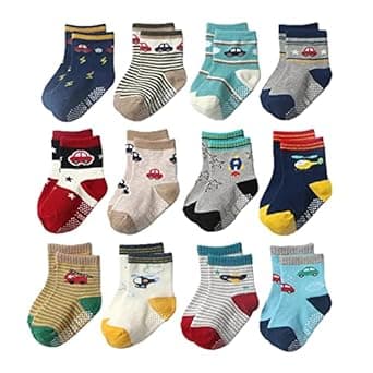 FIMALIA Non Slip Kids Toddler Socks with Grip, Assorted Prints, Socks for Babies to Toddlers, Anti Skid Socks, Crawling Socks with Grippers (Color & Print May Vary) (Pack of 4,6,8 & 12 Pair